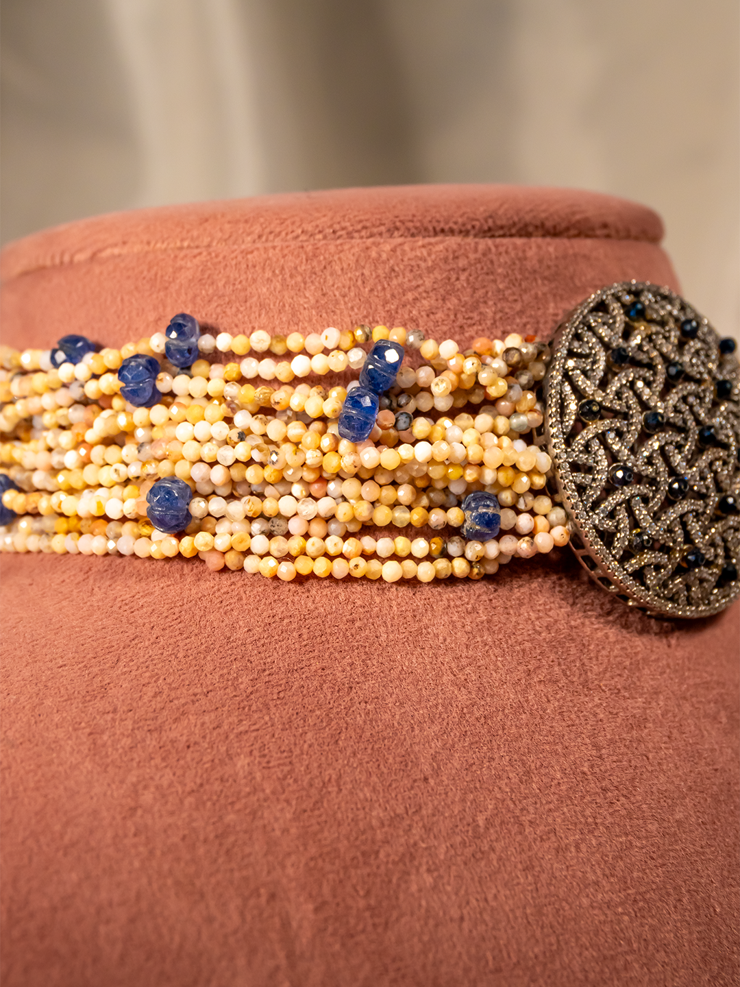 Victorian statement clasp close-up on blue beaded silver choker by Hardik Jewels