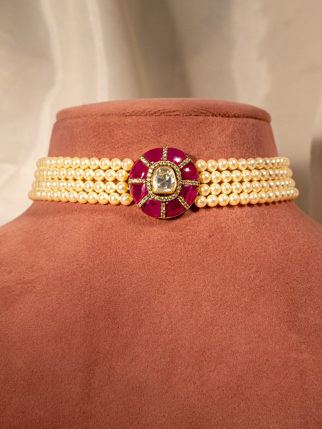Ruby Kundan pearl silver choker necklace, handcrafted bridal jewellery by Hardik Jewels