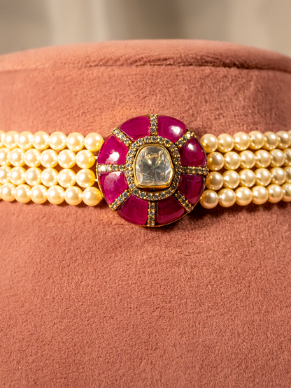 Ruby Kundan pearl silver choker — front detail view by Hardik Jewels
