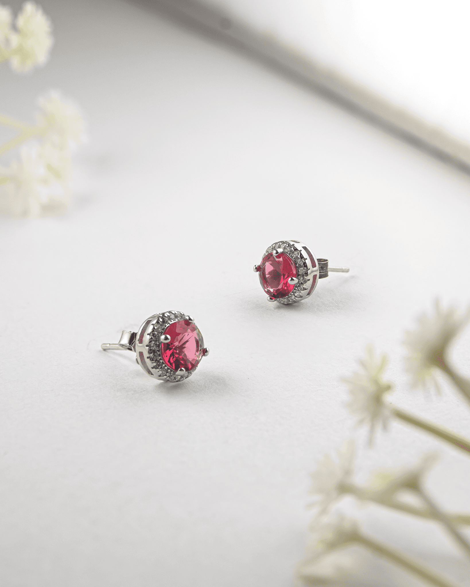 92.5 Sterling Silver Pink Ruby CZ Halo Stud Earrings | Classic Round Solitaire