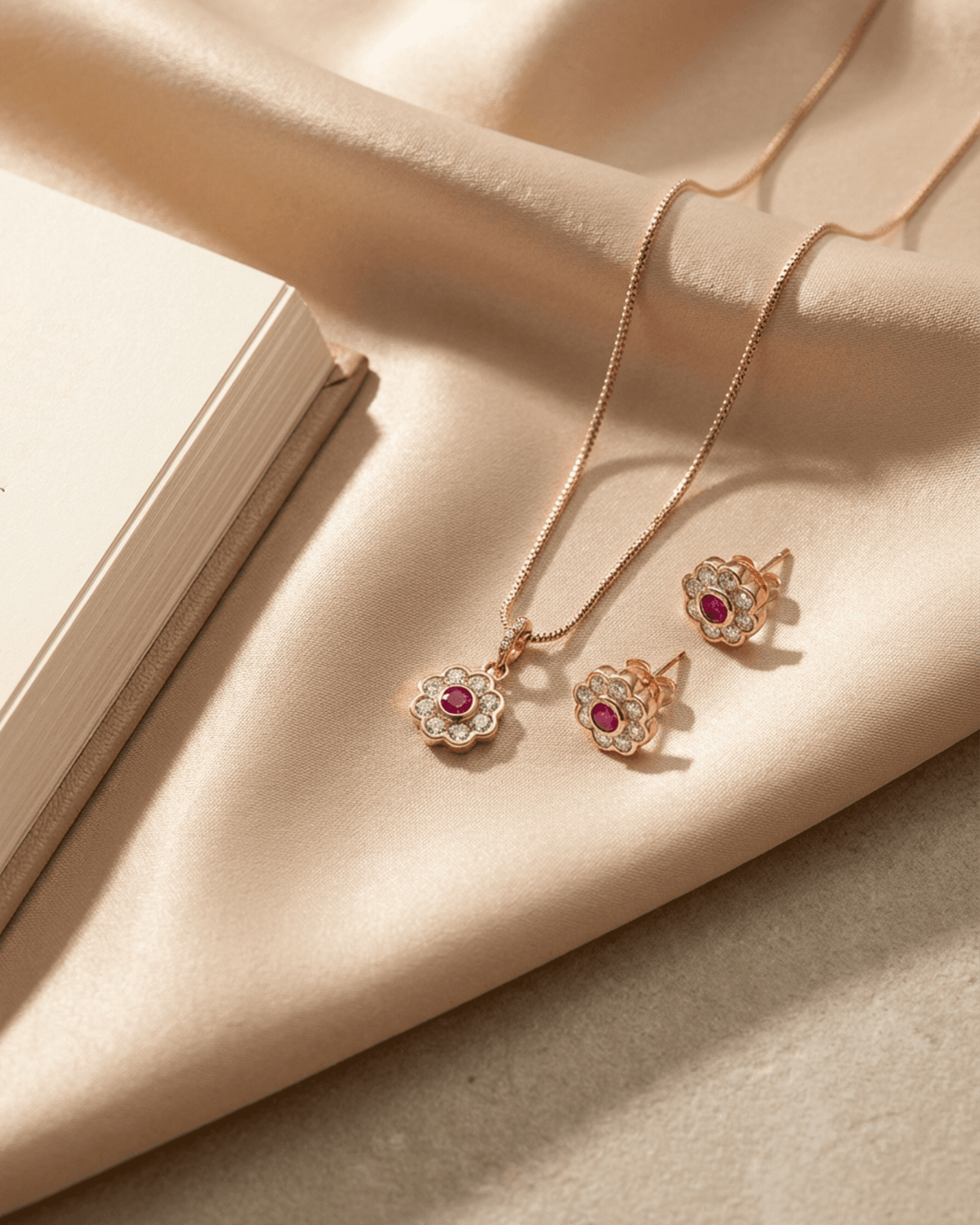 92.5 Sterling Silver Rose Gold Ruby Floral Pendant Set | CZ Halo Studs (Chain Not Included)