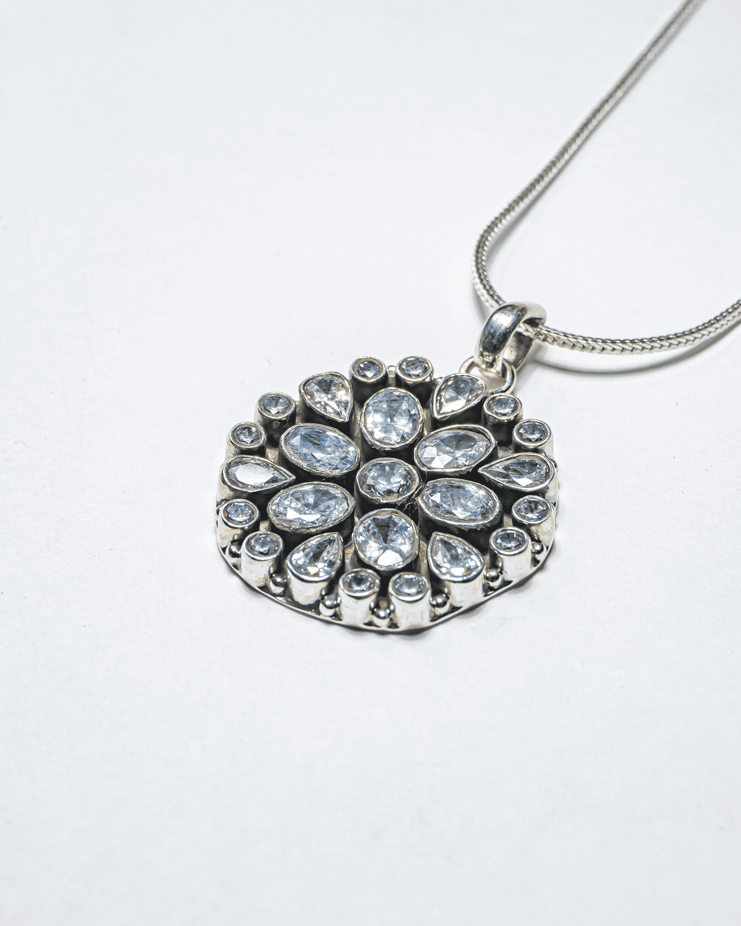 92.5 Sterling Silver Oxidized AD Floral Pendant Set | Stud Earrings (Chain Not Included)