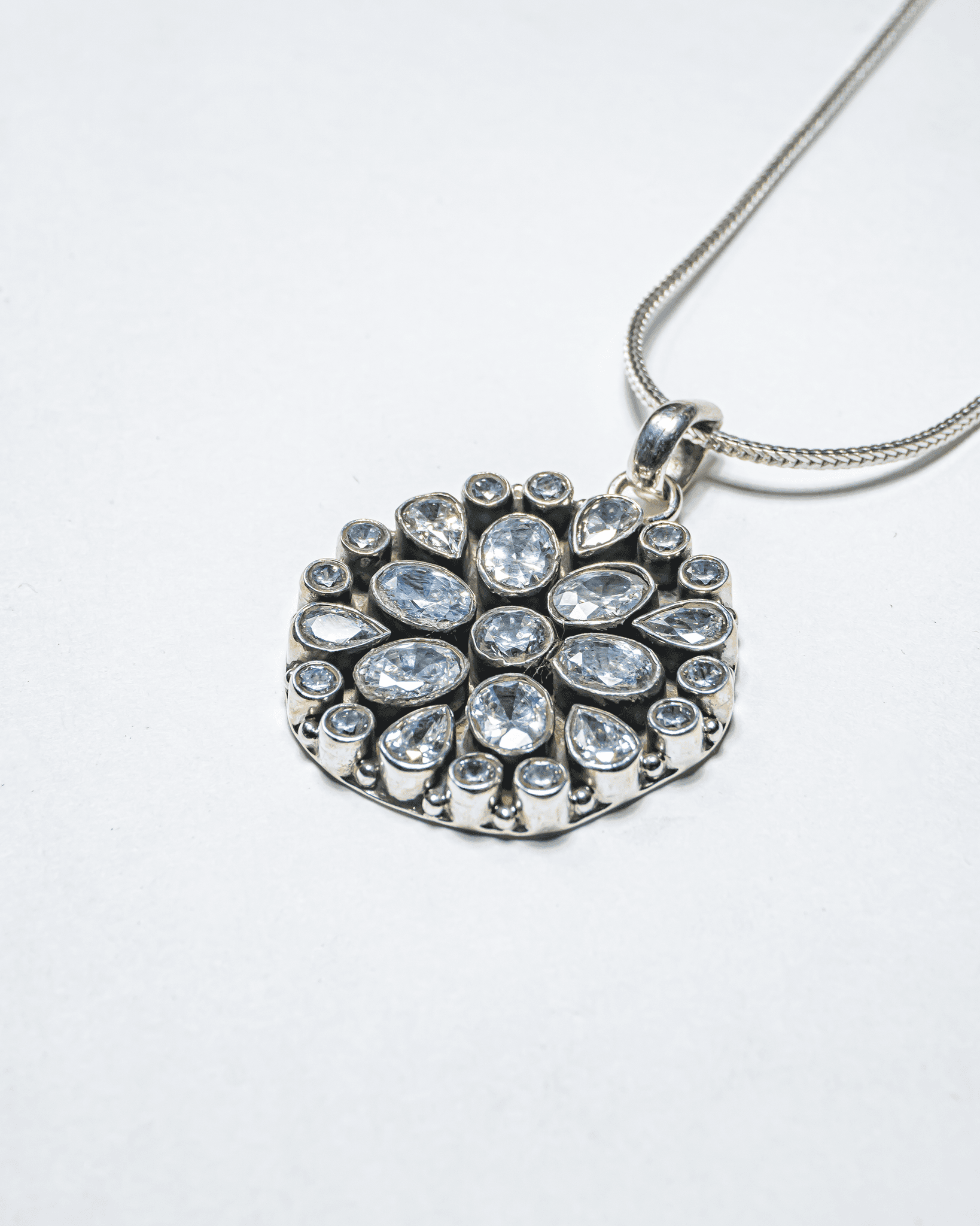92.5 Sterling Silver Oxidized AD Floral Pendant Set | Stud Earrings (Chain Not Included)