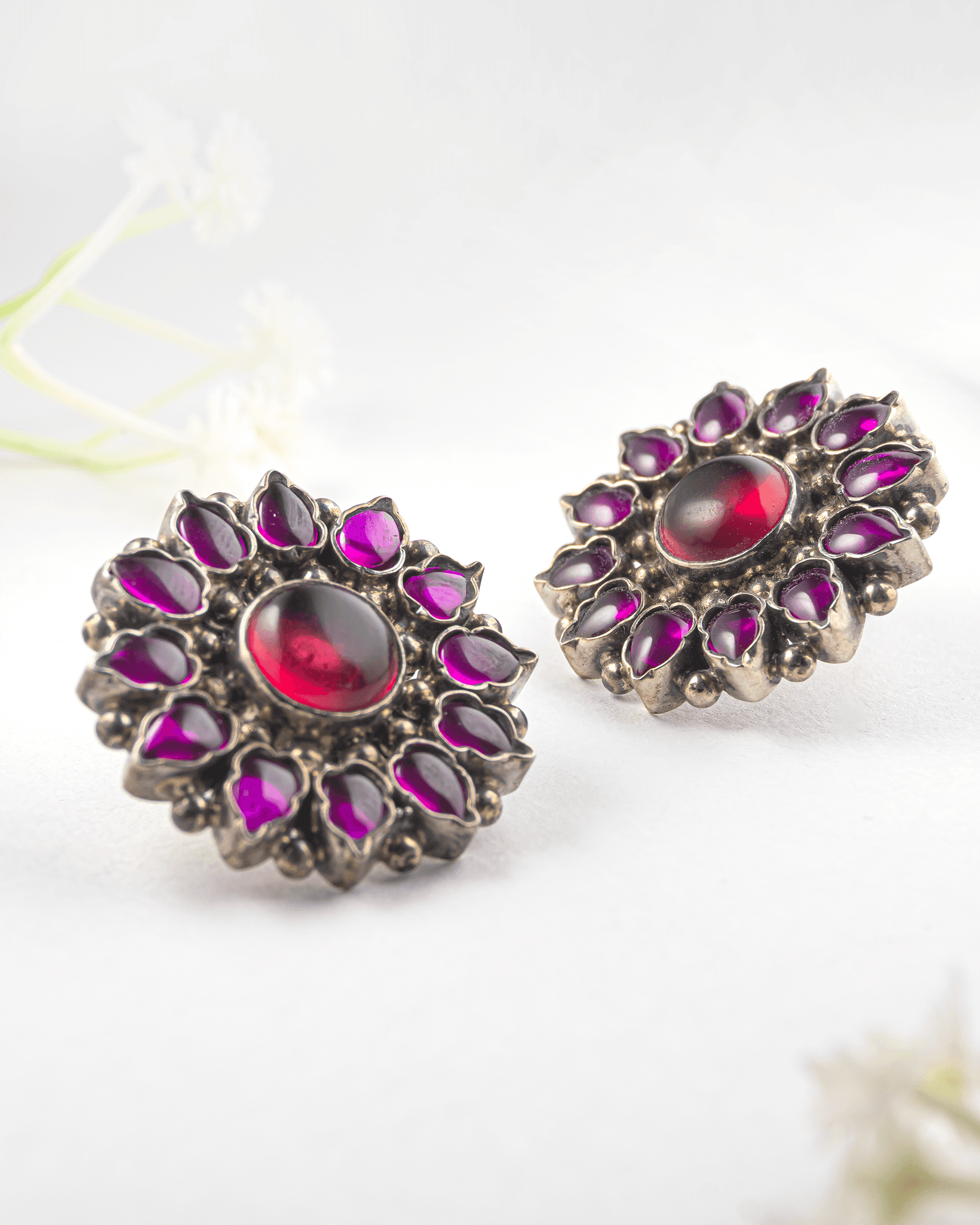92.5 Sterling Silver Oxidized Floral Studs | Antique Pink Ruby Statement Earrings