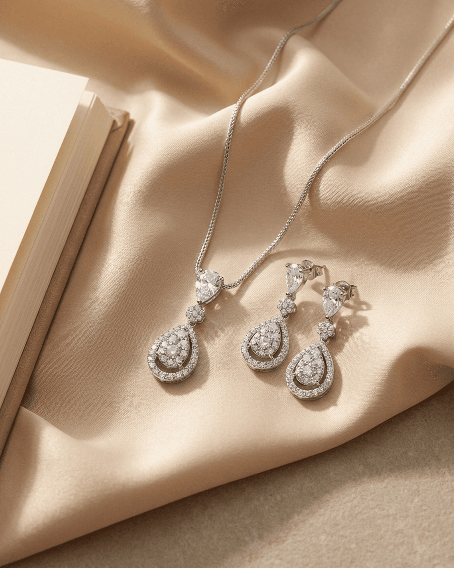 92.5 Sterling Silver CZ Tiered Teardrop Pendant Set | Diamond Look Dangle (Chain Not Included)