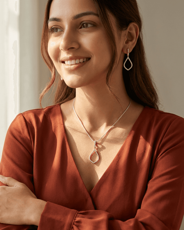 92.5 Sterling Silver Rose Gold Open Teardrop Pendant Set | CZ Dangle Studs (Chain Not Included)