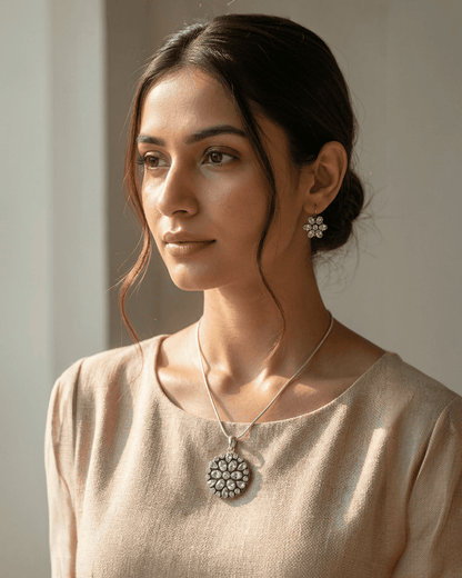 92.5 Sterling Silver Oxidized AD Floral Pendant Set | Stud Earrings (Chain Not Included)