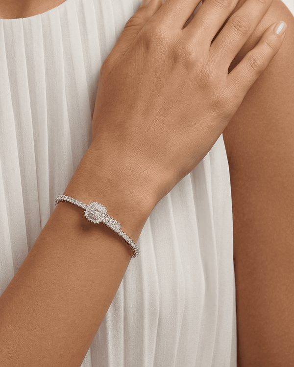 92.5 Sterling Silver CZ Cluster Bypass Bracelet | Diamond Look Wrap Cuff