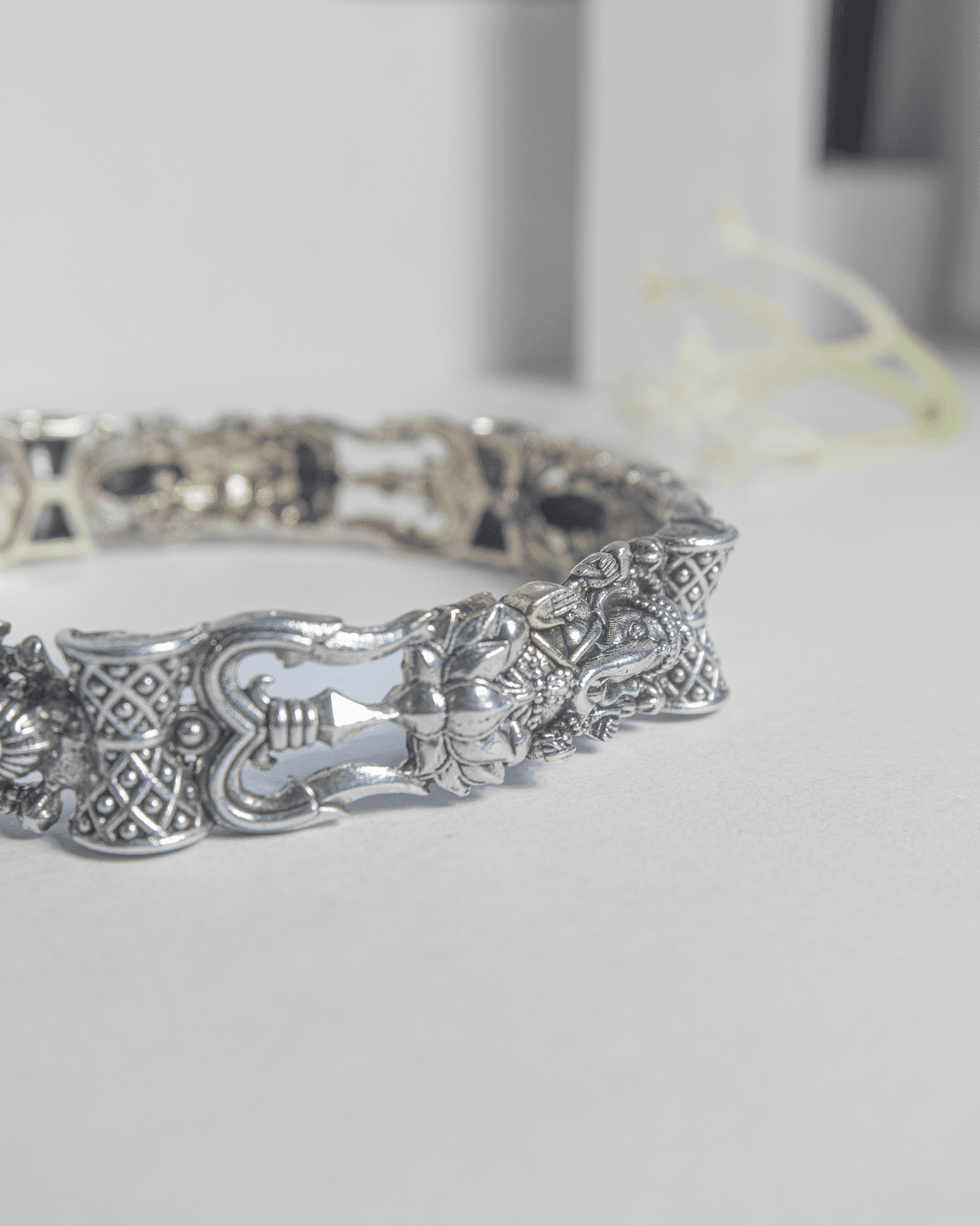 92.5 Sterling Silver Oxidized Ganesha Bangle | Antique Lotus Temple Kada