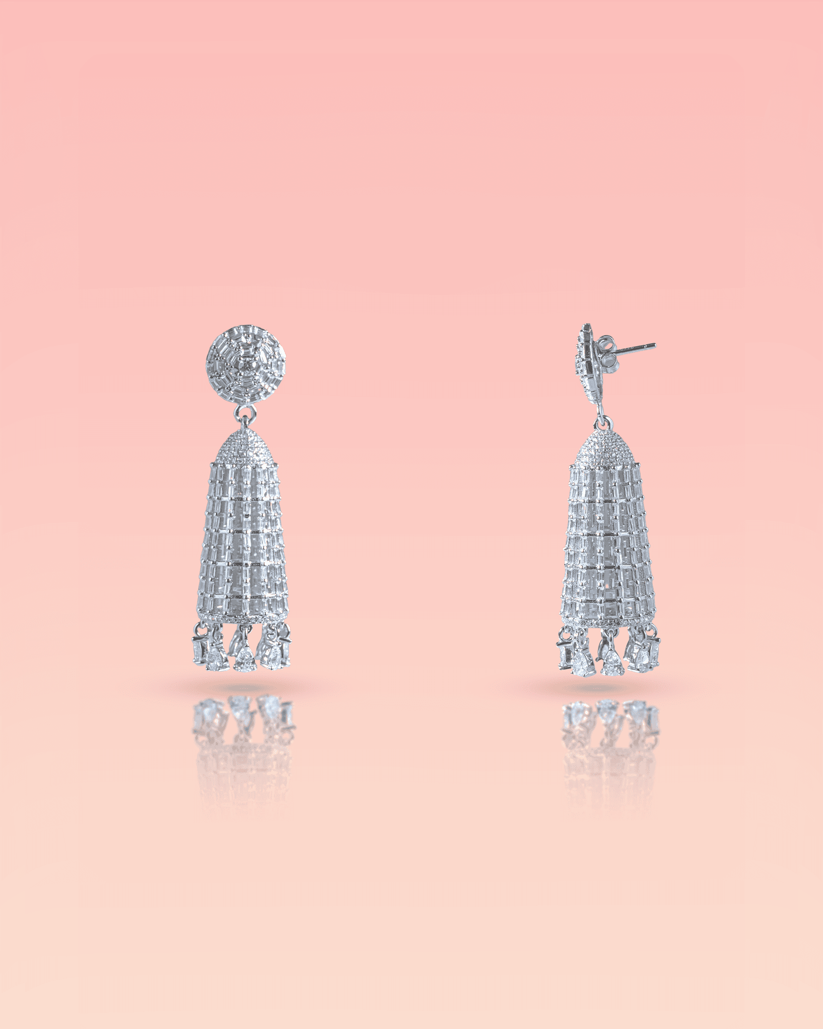 92.5 Sterling Silver Baguette CZ Long Jhumka Earrings | Modern Diamond-Look Bell Drops