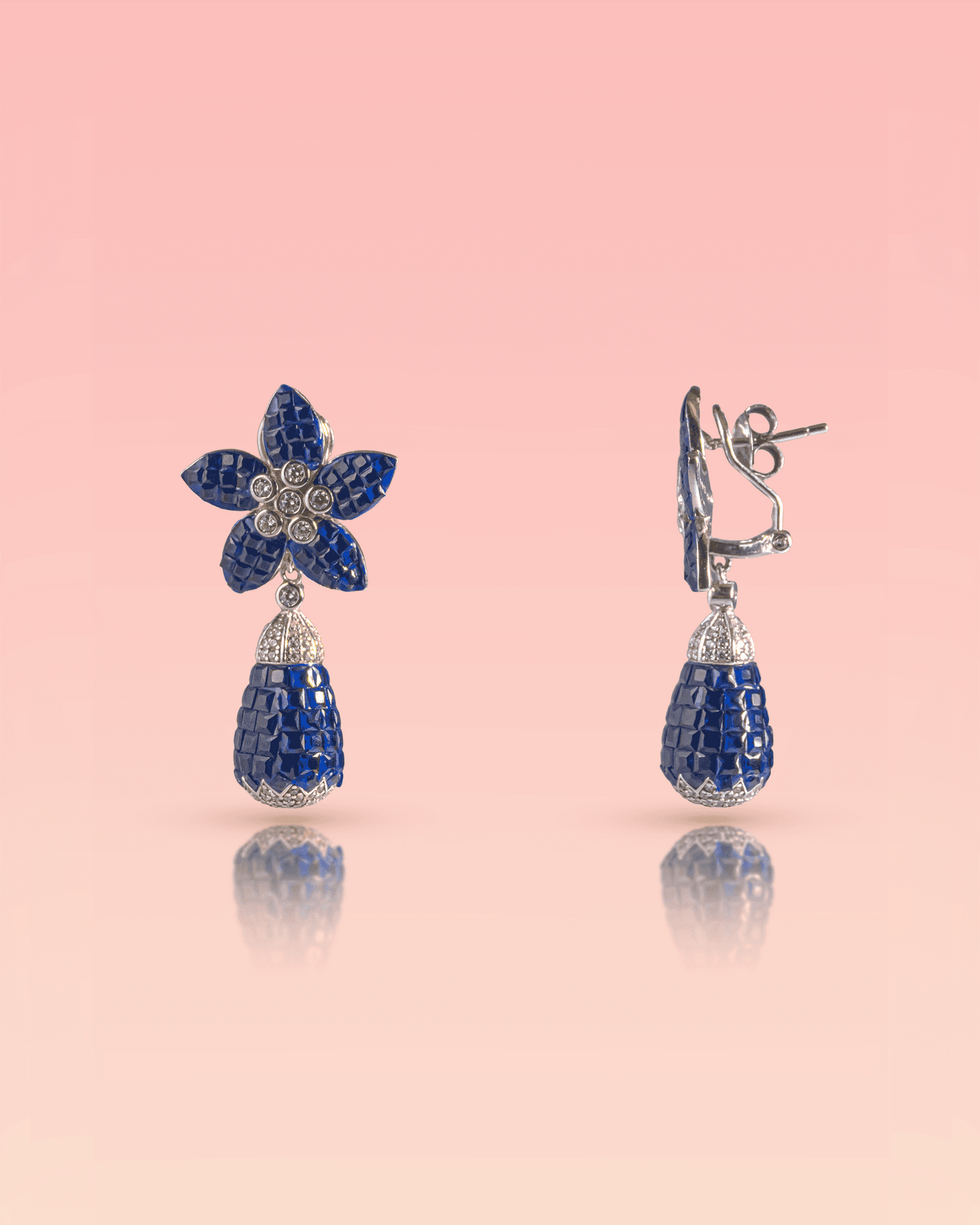 92.5 Sterling Silver Blue Sapphire Color Floral Drop Earrings | Invisible Set Mosaic Dangle