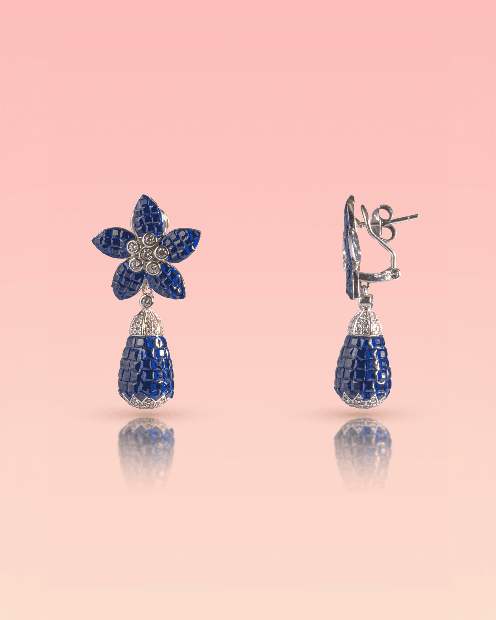 92.5 Sterling Silver Blue Sapphire Color Floral Drop Earrings | Invisible Set Mosaic Dangle
