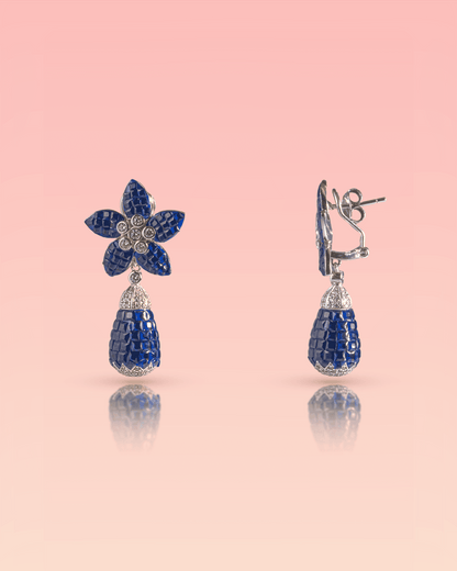 92.5 Sterling Silver Blue Sapphire Color Floral Drop Earrings | Invisible Set Mosaic Dangle