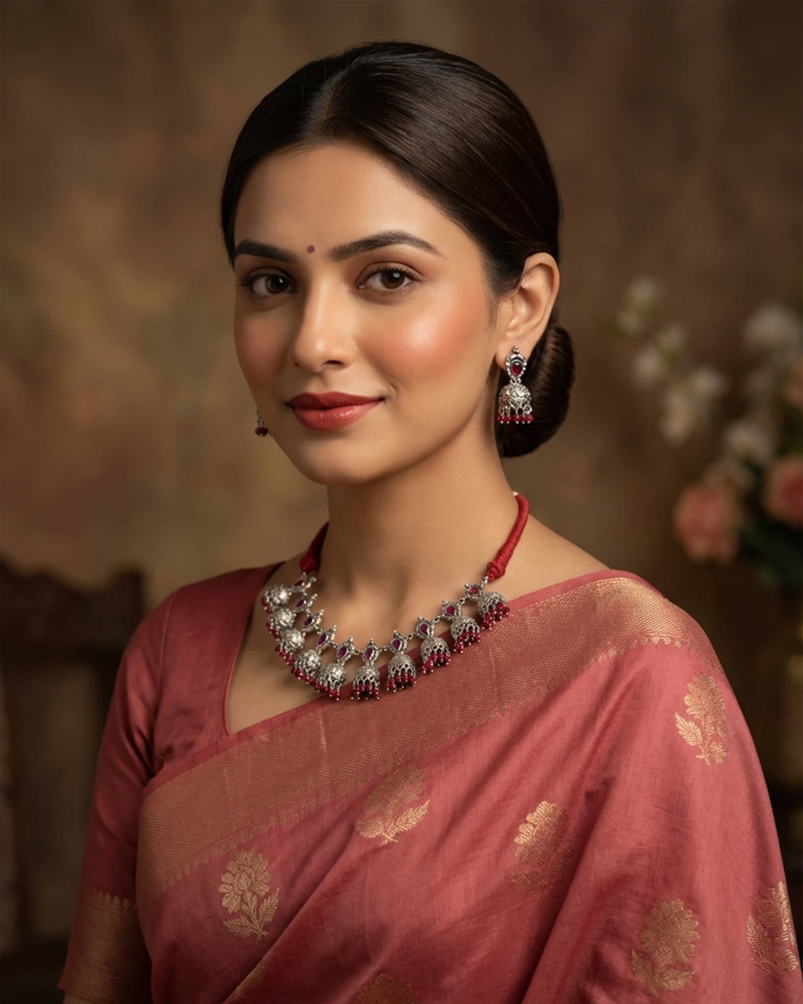 92.5 Sterling Silver Oxidized Red Stone Bridal Necklace Set | Peacock Jhumki Haar with Earrings