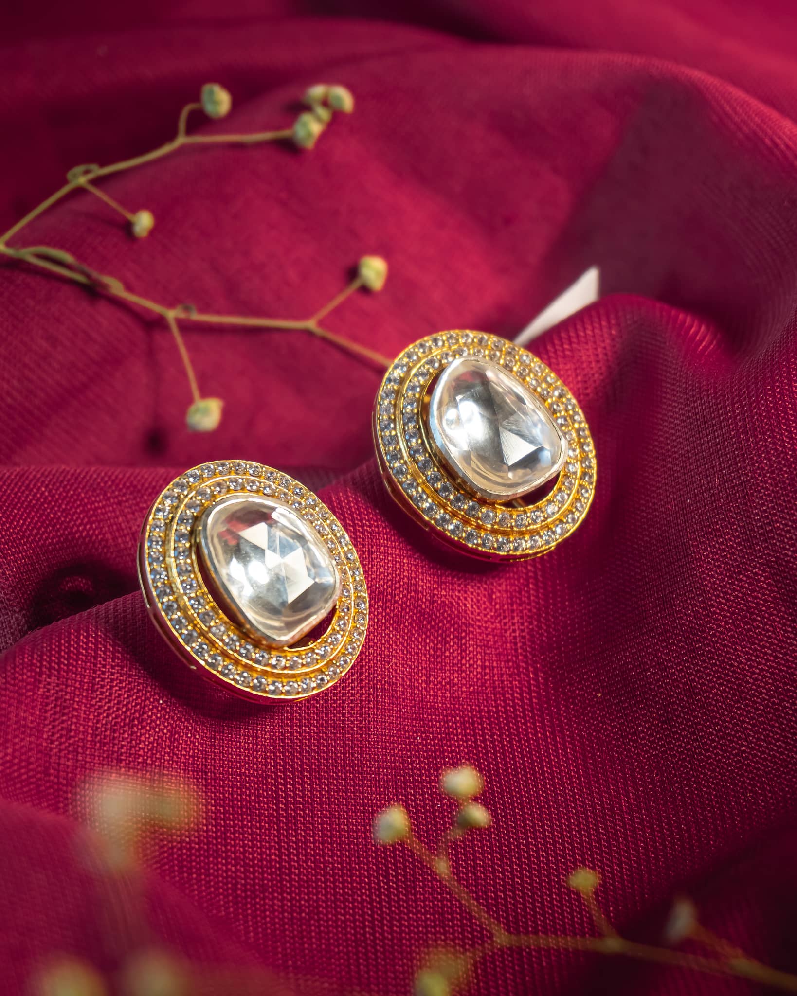 Gold plated 925 silver large polki stud earrings with double american diamond halo and back clip support.