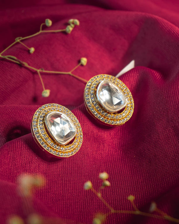 Premium 925 Sterling Silver Gold Plated Big Polki Studs | Double AD Halo with Clip Support