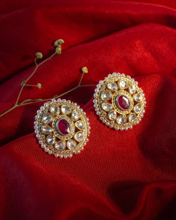 Gold Plated Ruby Polki Stud Earrings with Pearl Halo | Traditional Jadau Tops