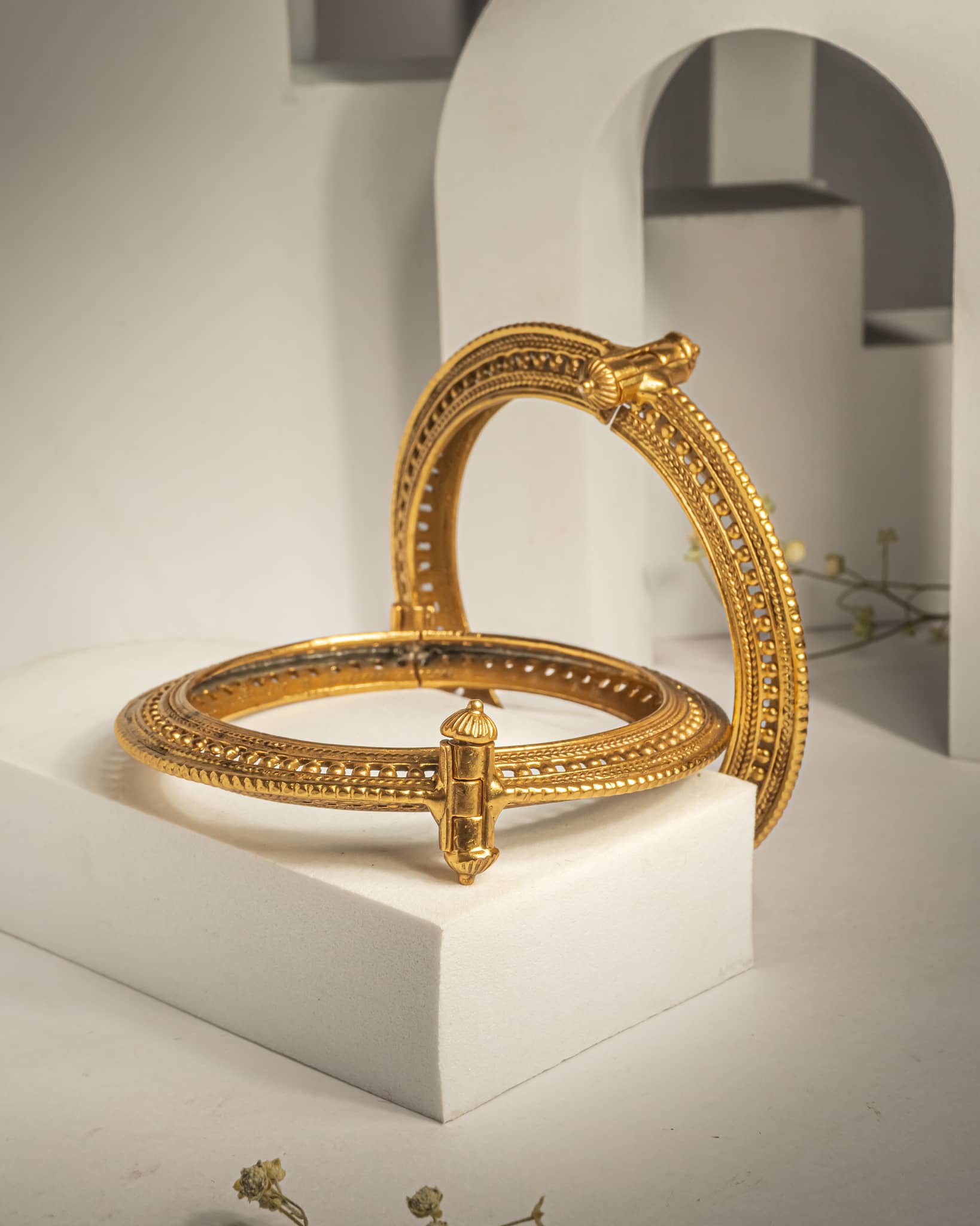 Gold plated sterling silver antique kada bangle featuring intricate beaded work and screw openable mechanism.