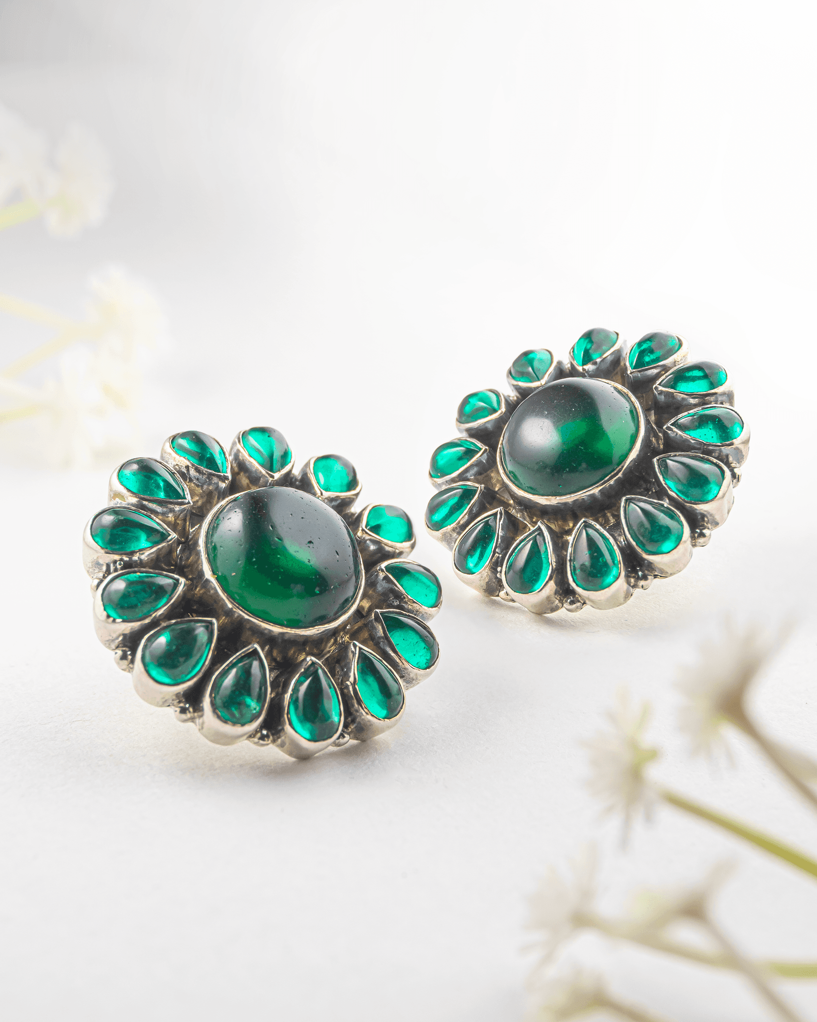 92.5 Sterling Silver Oxidized Green Cabochon Floral Studs | Antique Statement Earrings