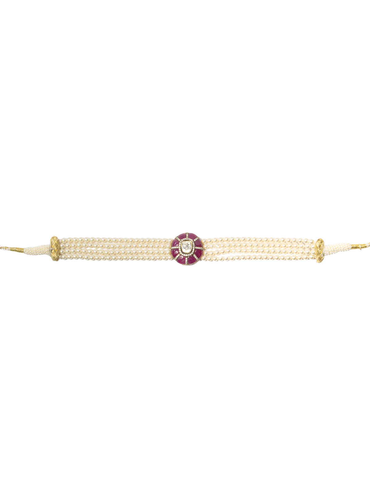 Multi-strand pearl detail of ruby Kundan silver choker by Hardik Jewels