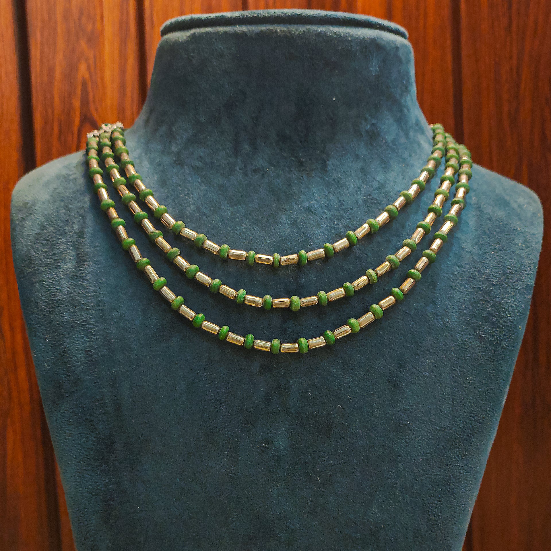 Green & Golden Triple Layer Handmade Beads Necklace - Hardik Jewels | Created by Design. Defined by You.
