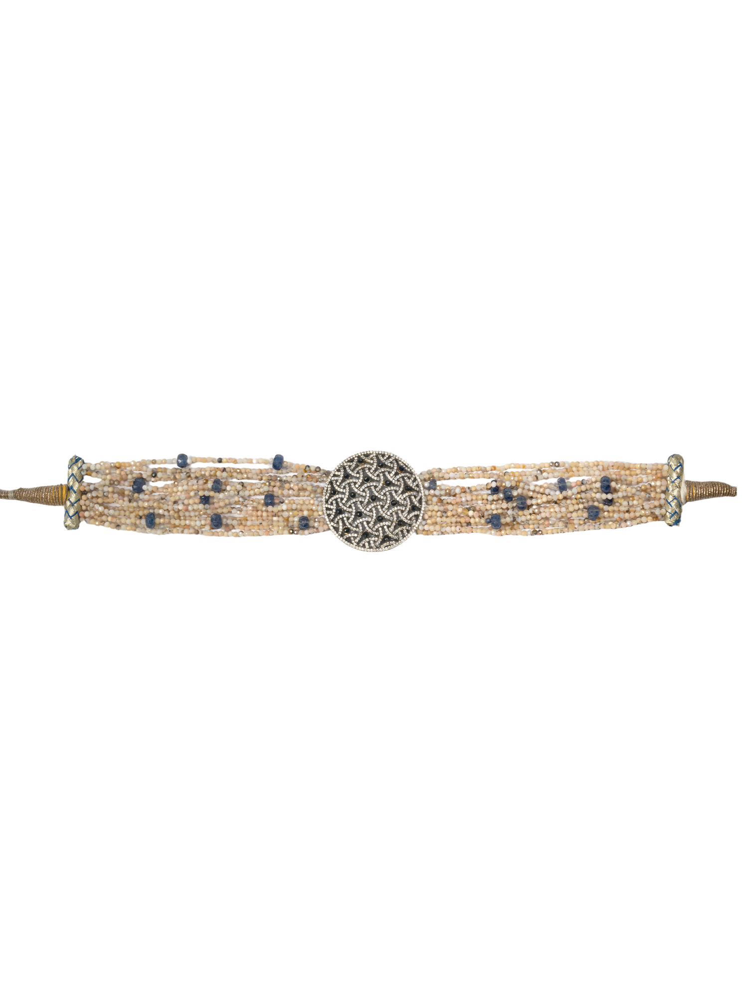 Ivory and blue bead strand detail of silver choker by Hardik Jewels