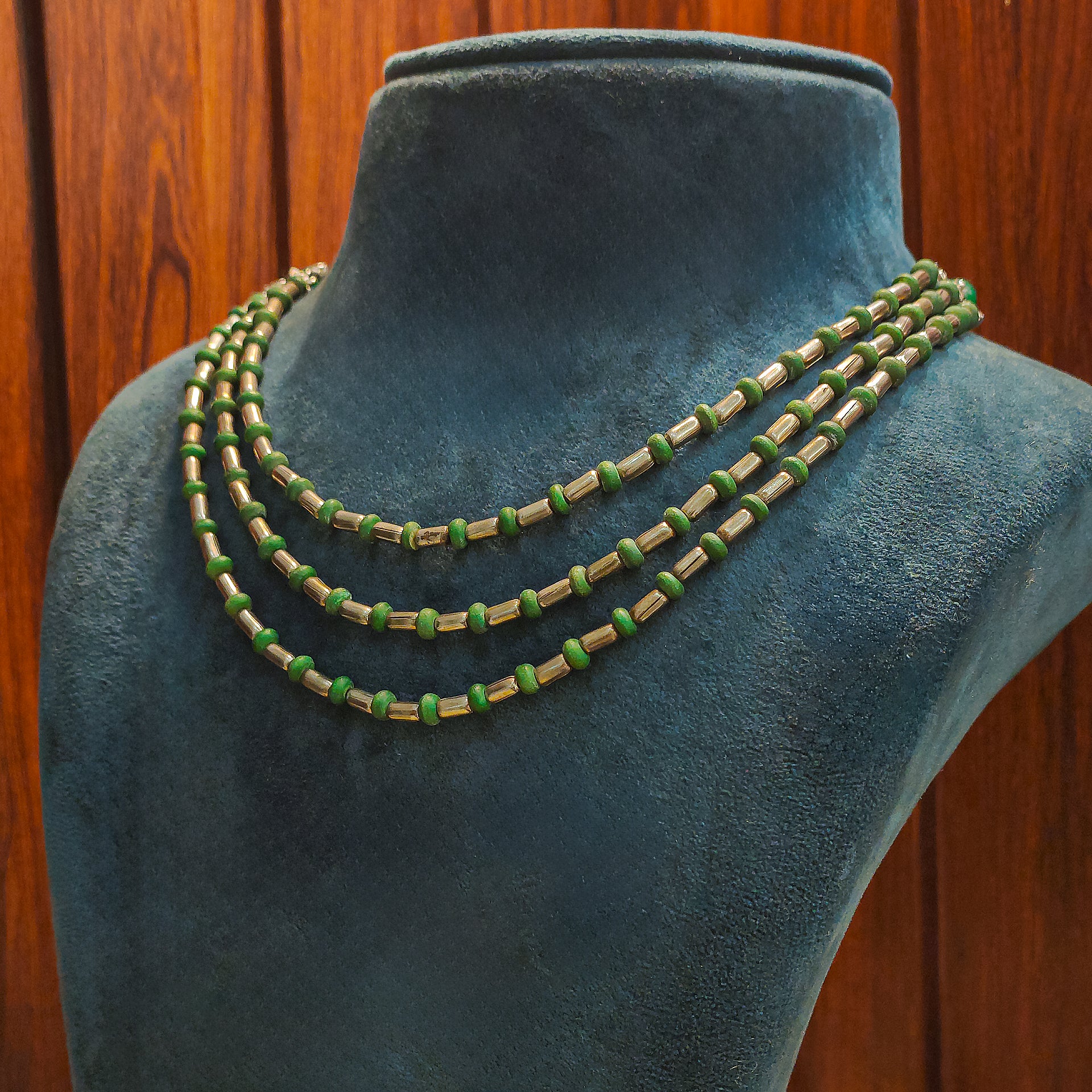 Green & Golden Triple Layer Handmade Beads Necklace - Hardik Jewels | Created by Design. Defined by You.
