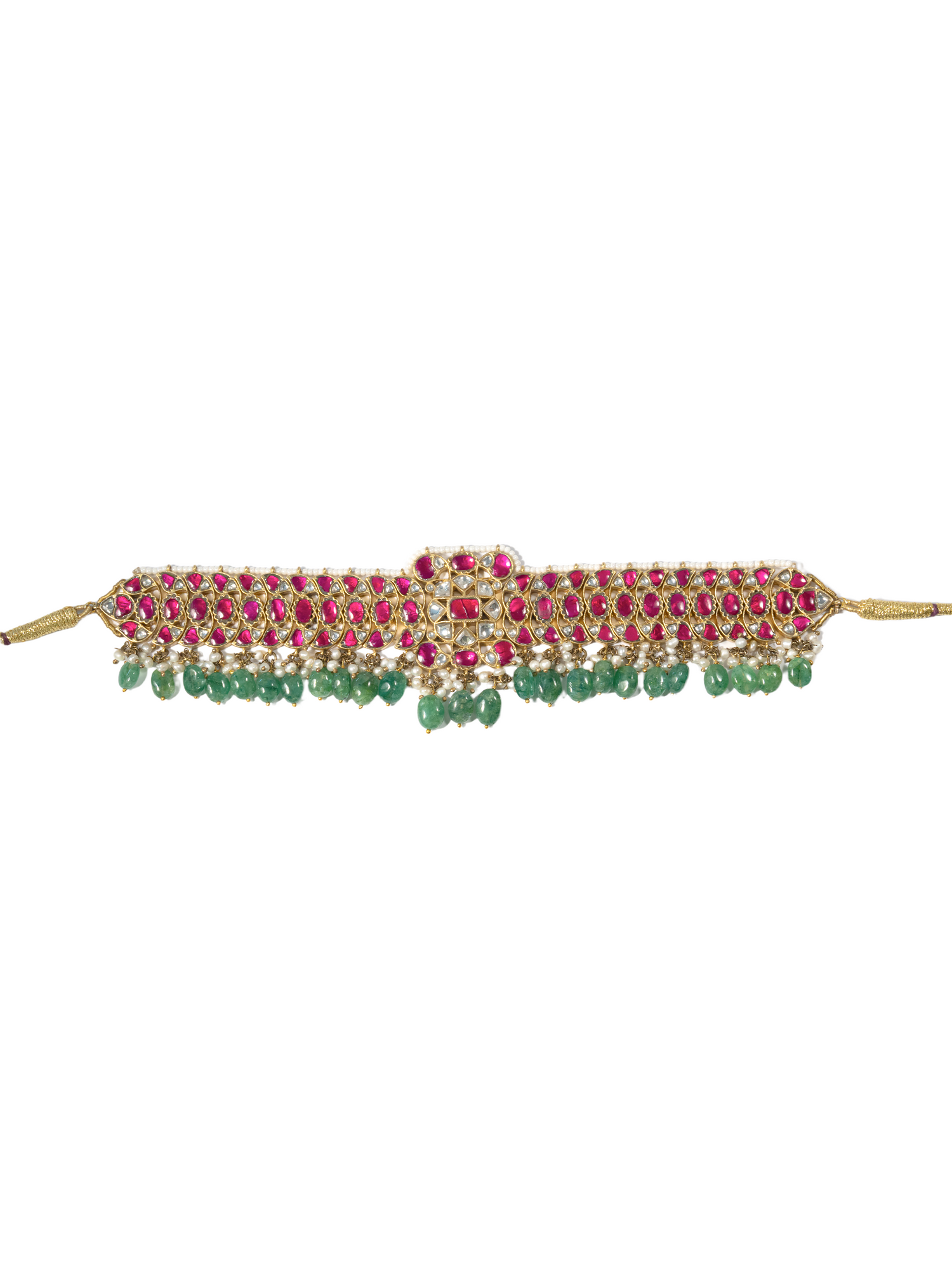 Emerald-green drop detail of ruby Kundan bridal choker by Hardik Jewels