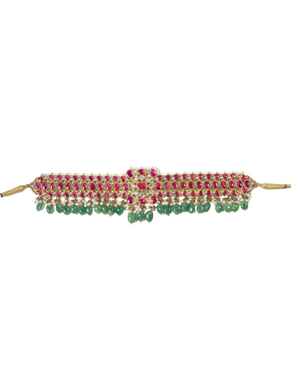 Emerald-green drop detail of ruby Kundan bridal choker by Hardik Jewels