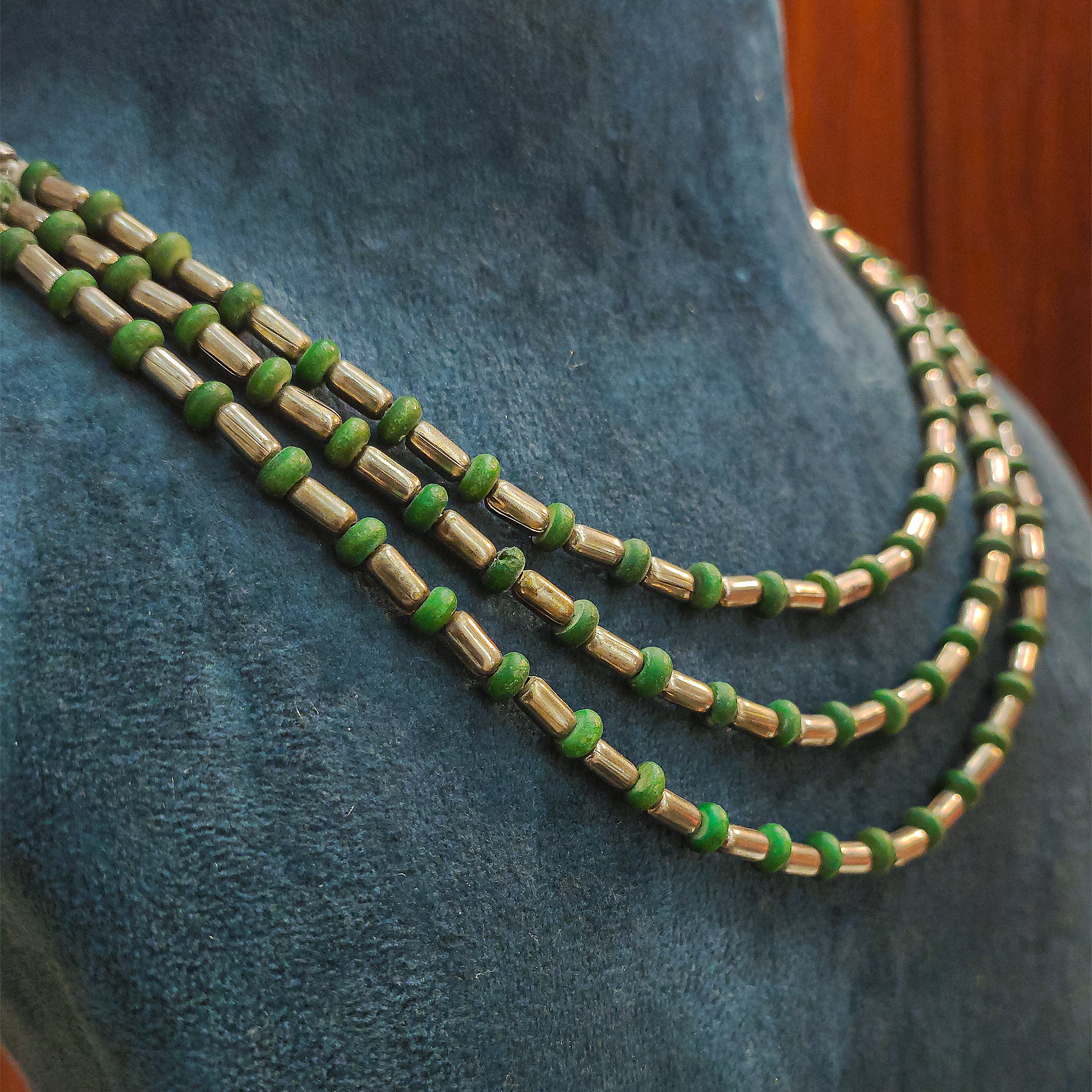 Green & Golden Triple Layer Handmade Beads Necklace - Hardik Jewels | Created by Design. Defined by You.