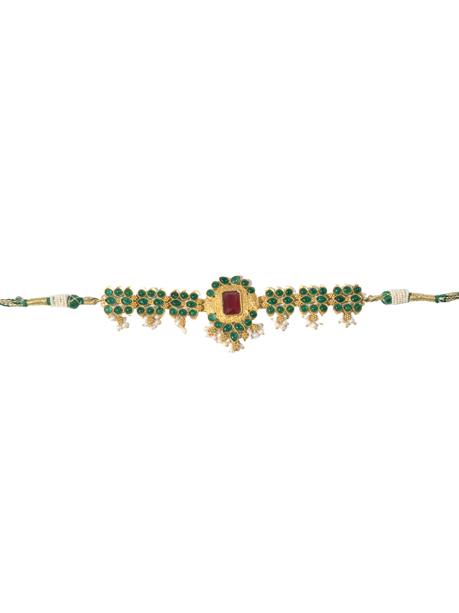 Emerald stones and pearl cluster detail of gold-plated choker by Hardik Jewels