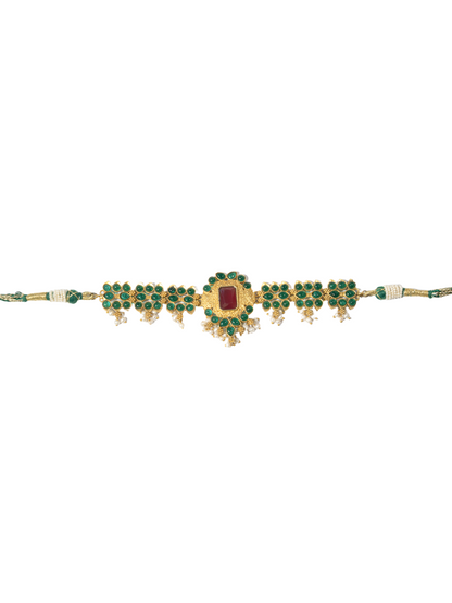 Emerald stones and pearl cluster detail of gold-plated choker by Hardik Jewels