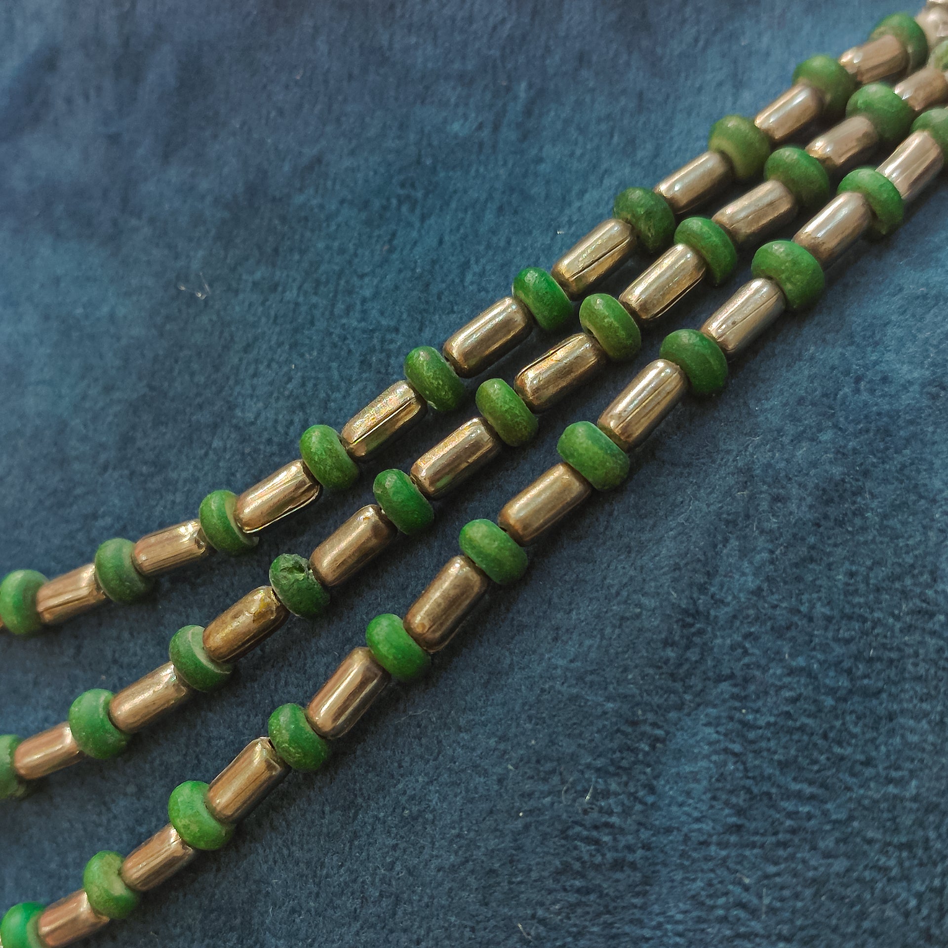 Green & Golden Triple Layer Handmade Beads Necklace - Hardik Jewels | Created by Design. Defined by You.