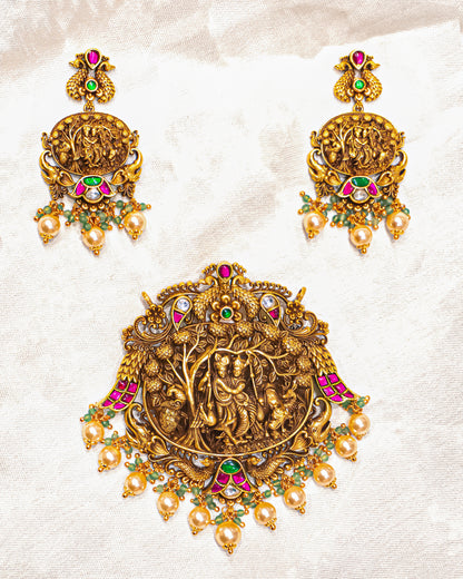 Radha Krishna Peacock Antique Temple Pendant Necklace Set