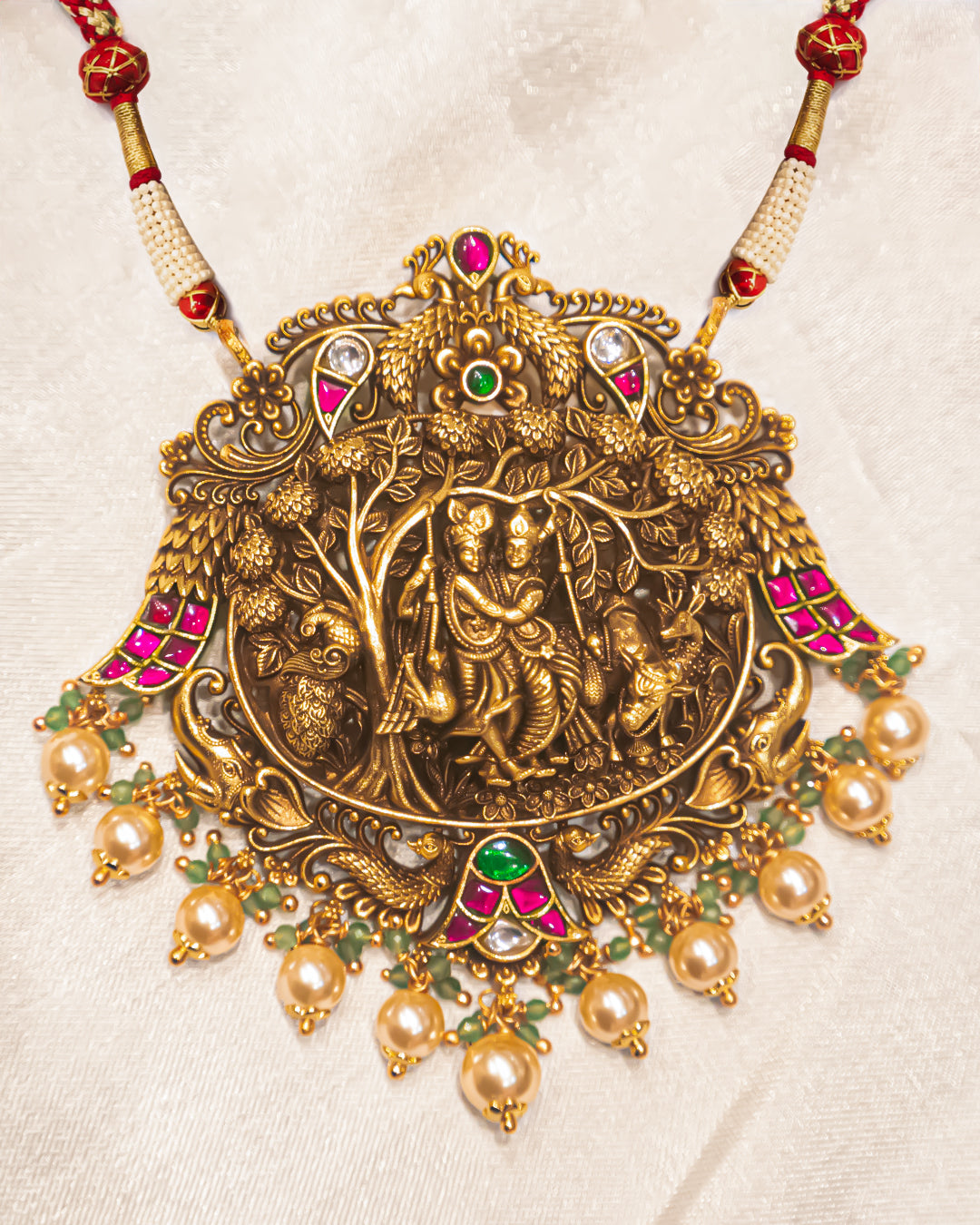 Radha Krishna Peacock Antique Temple Pendant Necklace Set