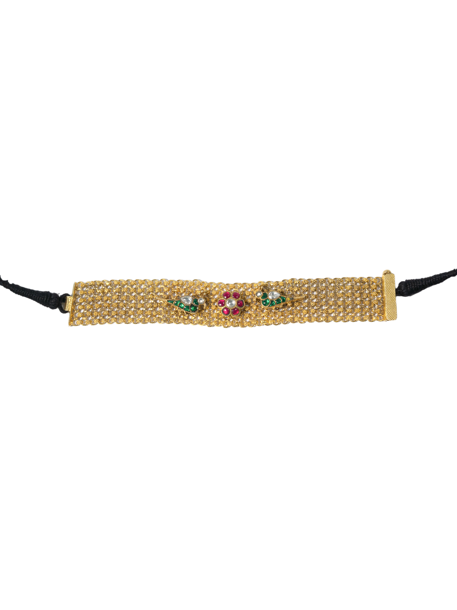 Layered links detail of Navratna gold-plated silver choker by Hardik Jewels