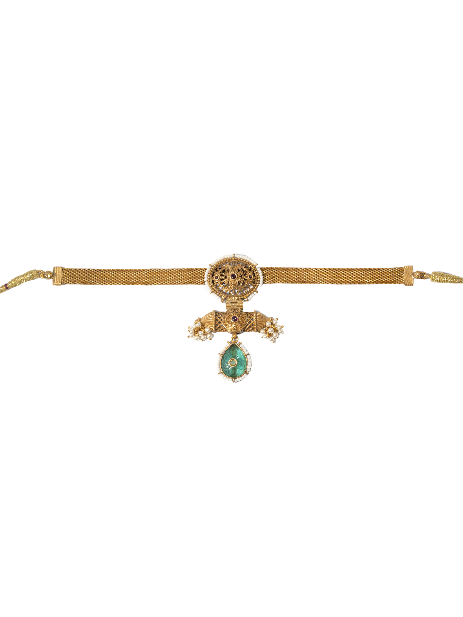 Filigree work and pearl accent detail of gold-plated choker by Hardik Jewels