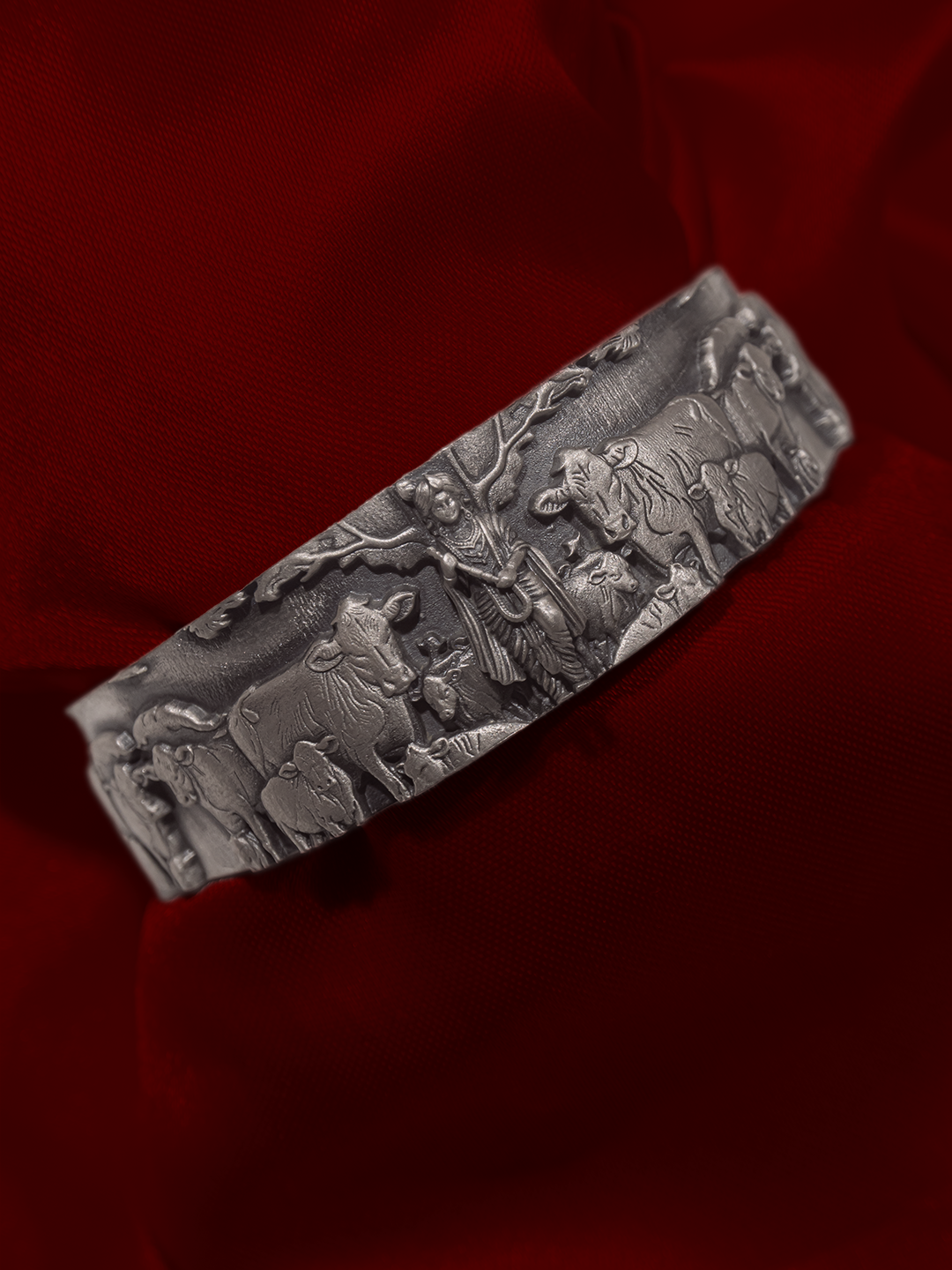 Antique silver Krishna Gopal temple kada side view with cows