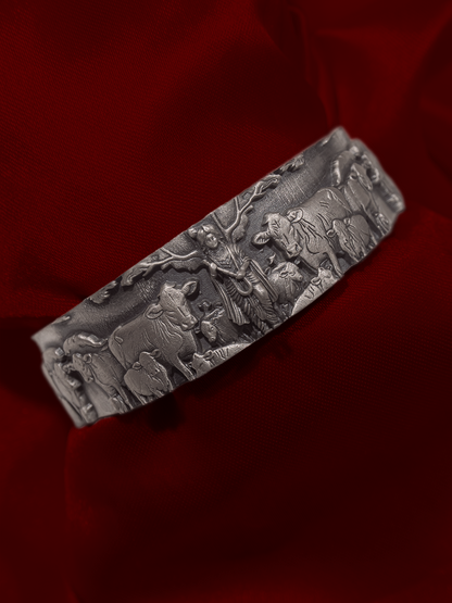 Antique silver Krishna Gopal temple kada side view with cows