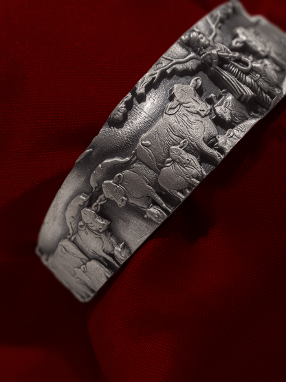 Broad silver temple nakshi kada carved Krishna and cows close up