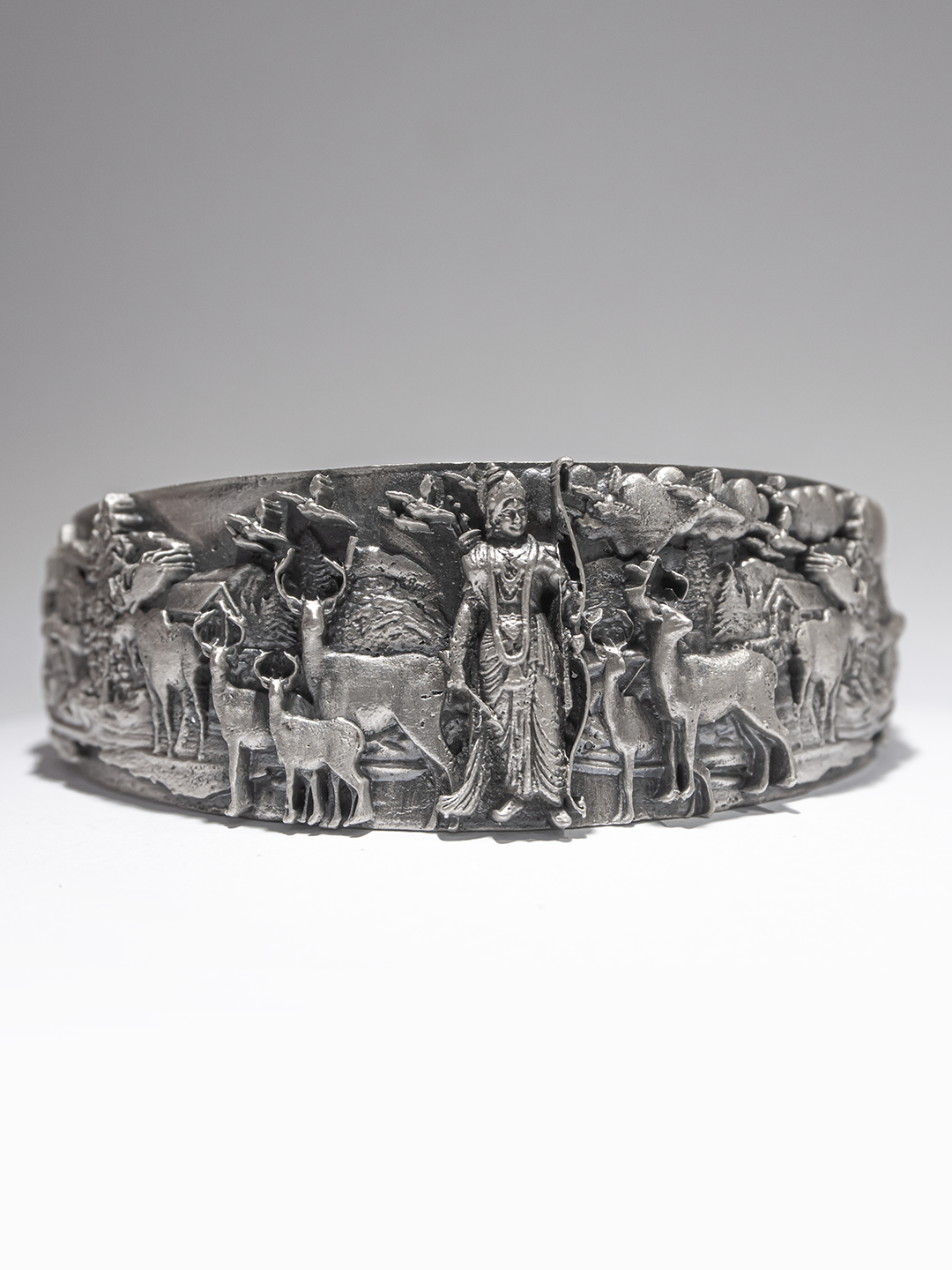 Oxidized 925 sterling silver temple kada for men with hand carved Ram vanvas deer and forest motif