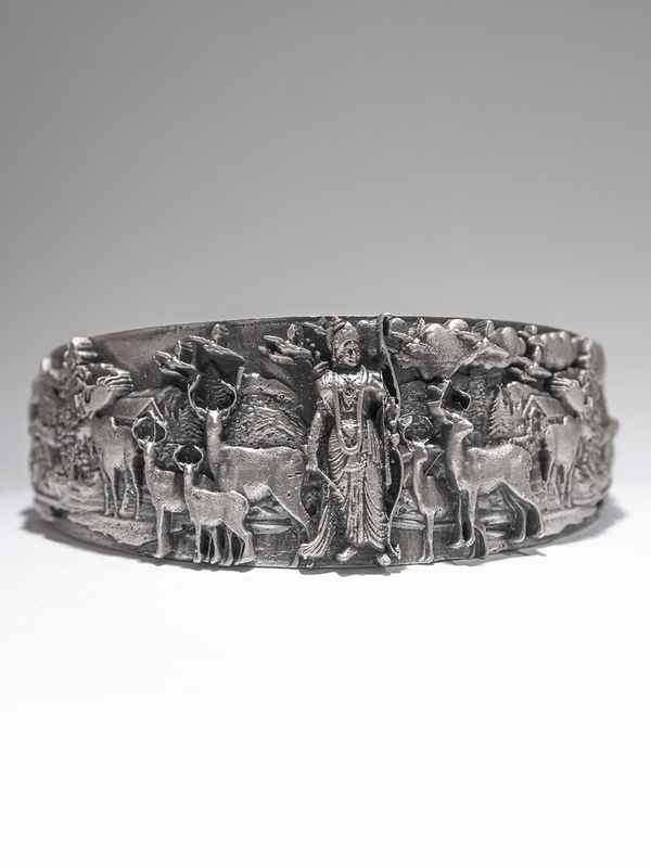 Oxidized 925 Sterling Silver Temple Kada for Men | Ram Vanvas Deer Forest Nakshi Bracelet