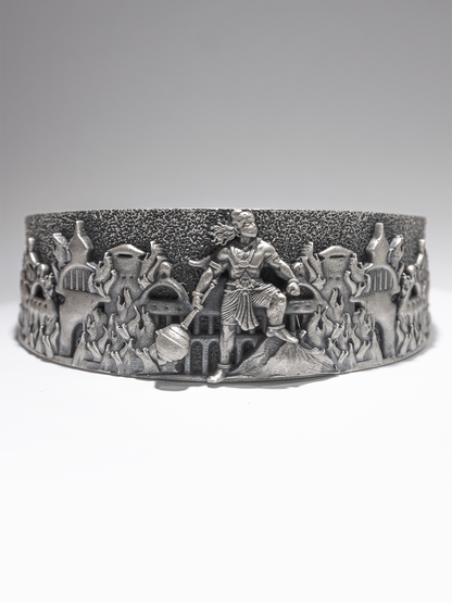 Oxidized 925 silver temple kada for men with warrior and gada battle scene
