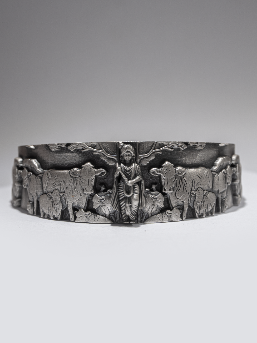 Oxidized 925 silver Krishna Gopal temple kada for men with cows Gau Charan