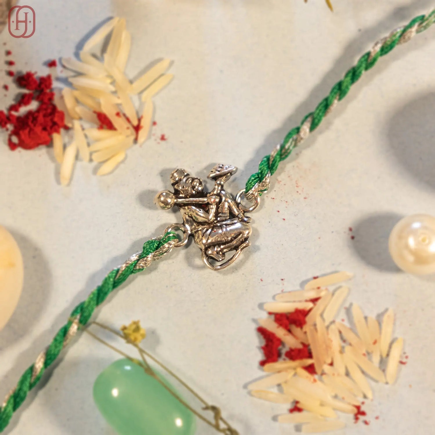 Hanuman Ji antique silver rakhi with gada charm on green thread - Hardik Jewels