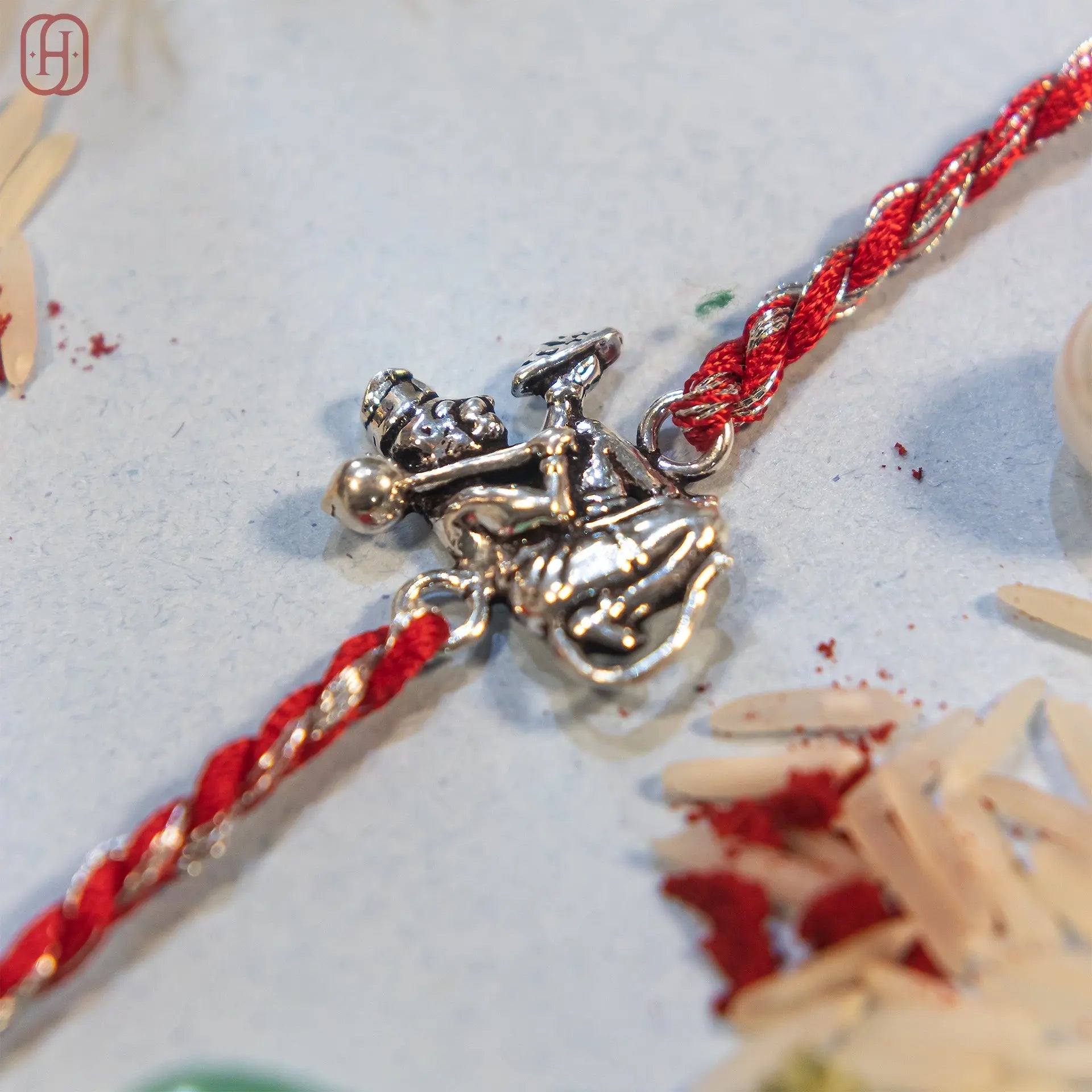 Hanuman Ji antique silver rakhi with red dori and pearl accents - Hardik Jewels