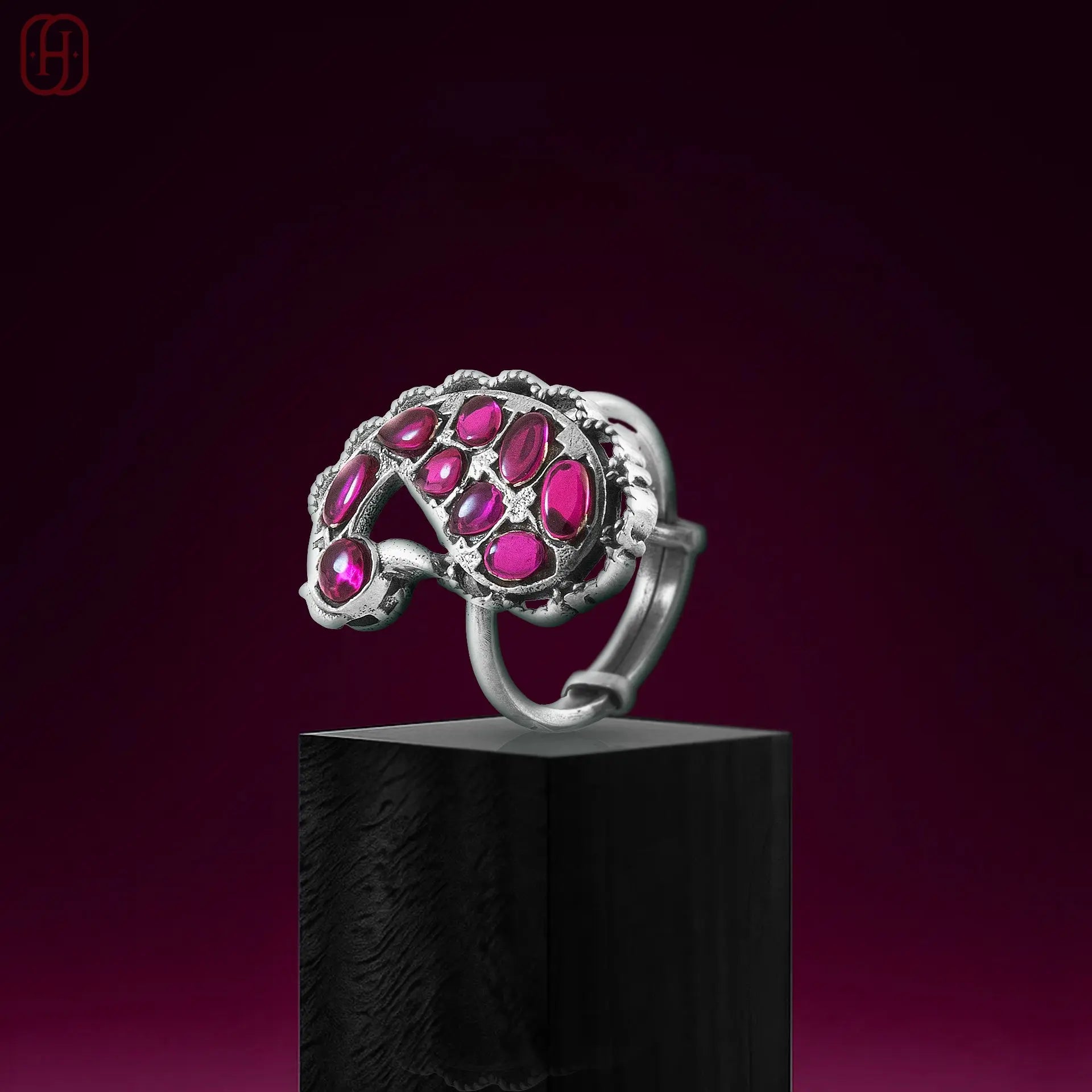 Hardik Jewels Adjustable Oxidized Silver Rings with Ruby Stones.