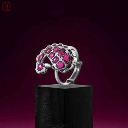 Hardik Jewels Adjustable Oxidized Silver Rings with Ruby Stones.
