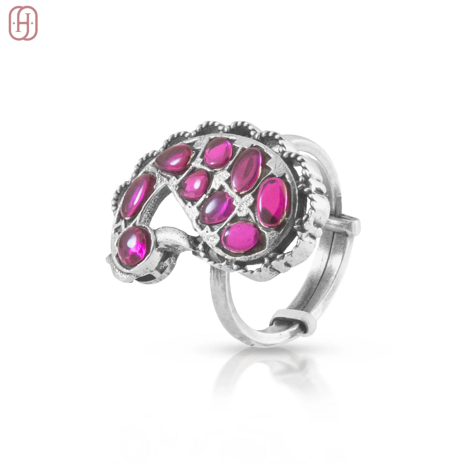 Hardik Jewels Adjustable Oxidized Silver Rings with Ruby Stones.