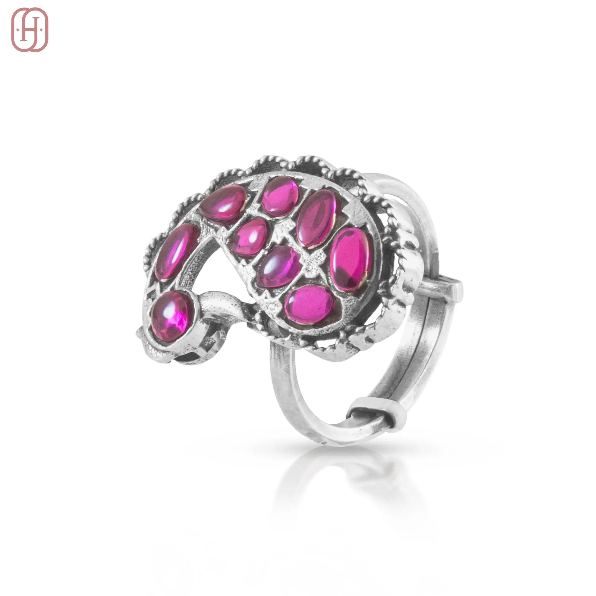 Hardik Jewels Adjustable Oxidized Silver Rings with Ruby Stones.
